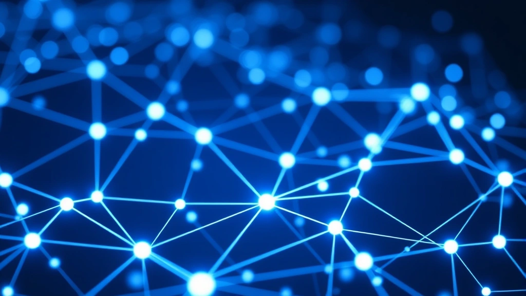 Abstract visualization of blockchain network with interconnected nodes glowing in blue and white, representing distributed ledger technology and cryptocurrency infrastructure