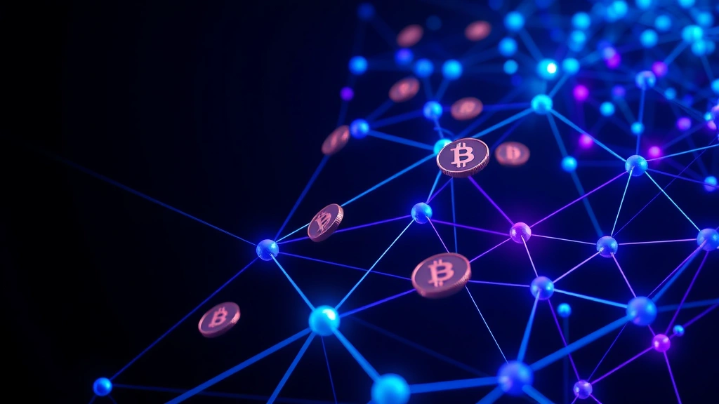 A digital representation of blockchain technology with interconnected nodes glowing in blue and purple, cryptocurrency coins floating in a three-dimensional network space, photorealistic rendering, dark background with neon accents, no text or symbols