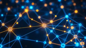 Photorealistic image of a blockchain network visualization with interconnected nodes glowing in blue and gold, representing cryptocurrency security and regulatory compliance systems without any text or numbers visible