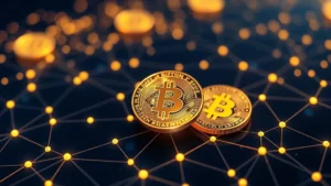 Photorealistic image of digital Bitcoin coins floating above a glowing blockchain network with interconnected nodes, deep blue and gold color scheme, no text or charts