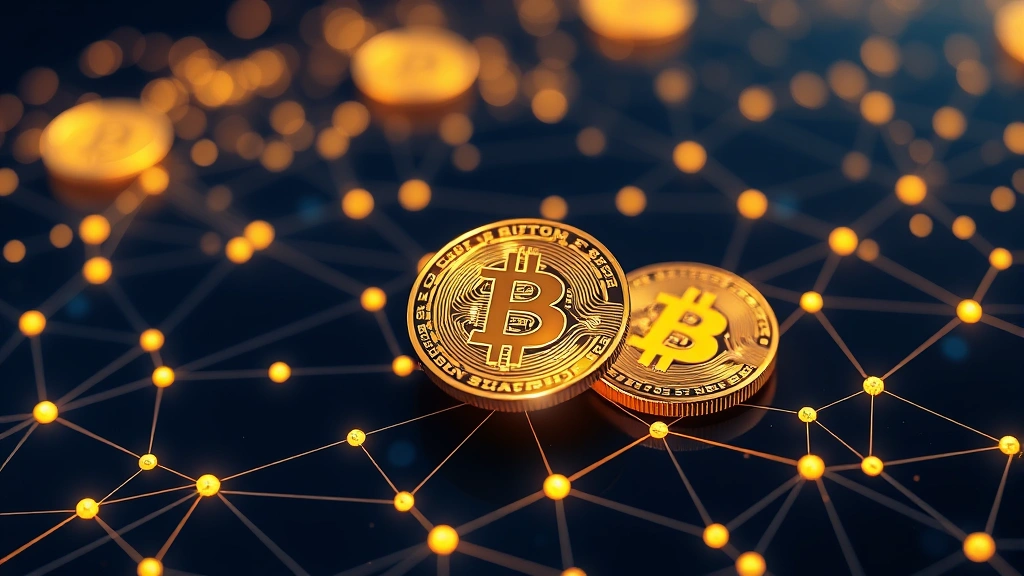 Photorealistic image of digital Bitcoin coins floating above a glowing blockchain network with interconnected nodes, deep blue and gold color scheme, no text or charts