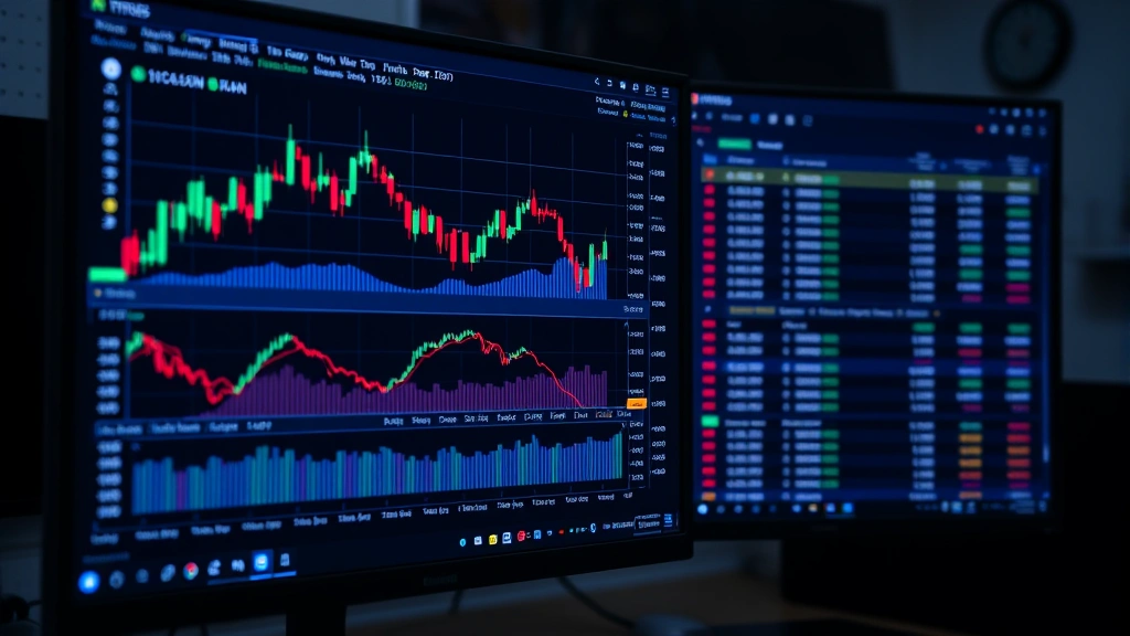 Digital cryptocurrency trading platform interface with Bitcoin charts and order books displayed on computer monitor, professional financial environment, blue and black color scheme, no text or logos visible