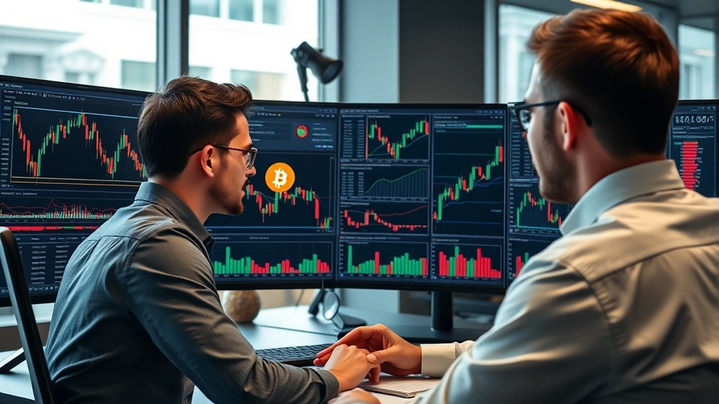 Photorealistic image of a professional trader analyzing Bitcoin charts on multiple monitors in a modern office setting, showing candlestick patterns and market data, cryptocurrency trading environment