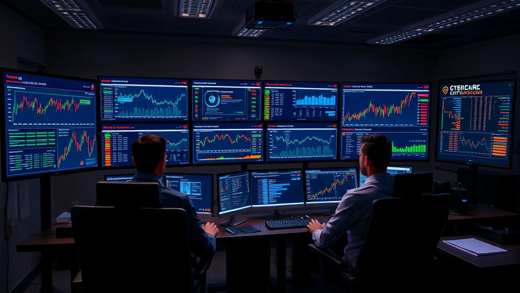 Photorealistic depiction of a professional cybersecurity operations center with multiple monitors displaying blockchain data and security metrics, team of analysts monitoring cryptocurrency transactions