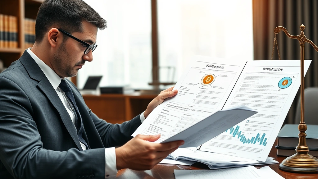 A professional legal office setting with a lawyer reviewing cryptocurrency documents and blockchain whitepapers, symbolizing expert legal analysis and due diligence investigation