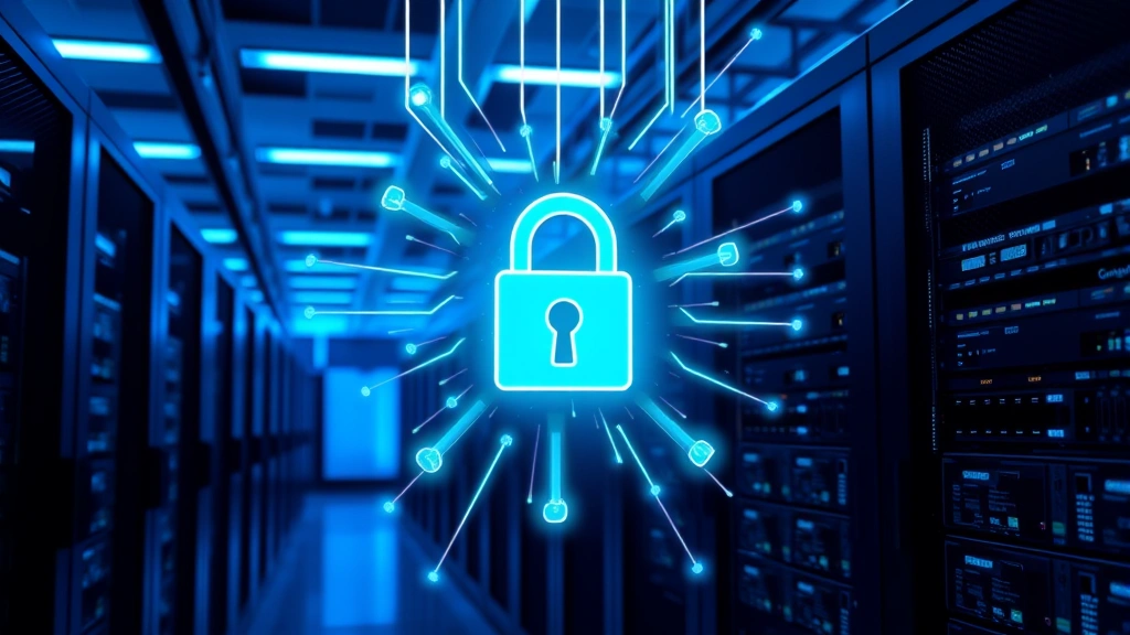 Professional data center with rows of secure servers, blue security lighting, digital lock symbols floating above hardware, encryption keys symbolized as light beams, photorealistic secure environment, no text