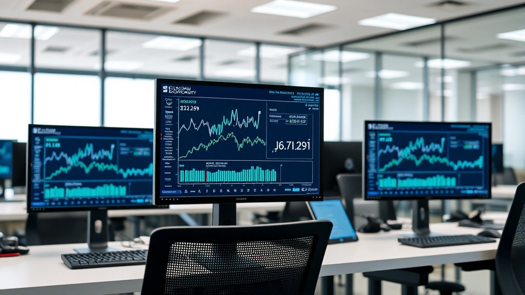 Professional photograph of a modern office environment with multiple computer screens displaying blockchain data analysis, cryptocurrency compliance software interface, clean minimalist design, no visible text on screens
