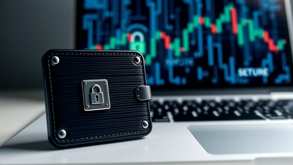 Realistic representation of a secure hardware wallet device next to a laptop with blockchain visualization in background, emphasizing digital security and protection, clean modern aesthetic