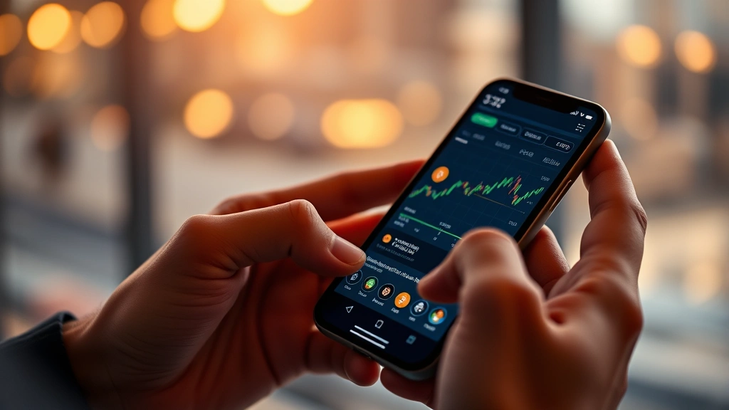 Person using smartphone for cryptocurrency trading with Bitcoin symbols and digital assets displayed on screen, modern fintech setting, warm lighting, hands holding phone showing trading interface