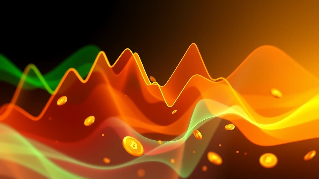 An abstract visualization of cryptocurrency market volatility with upward and downward trending lines morphing into abstract geometric shapes, digital coins in motion, vibrant gradient colors transitioning from green to orange, photorealistic 3D render, no charts or numbers visible