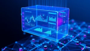 Holographic AI interface displaying cryptocurrency trading charts and algorithms with blue and purple digital elements, floating above a blockchain network visualization, photorealistic futuristic technology aesthetic