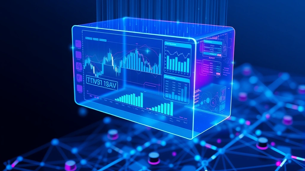 Holographic AI interface displaying cryptocurrency trading charts and algorithms with blue and purple digital elements, floating above a blockchain network visualization, photorealistic futuristic technology aesthetic