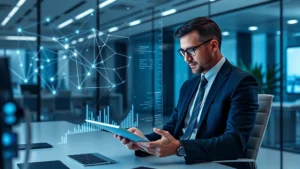 Professional businessman in modern office analyzing cryptocurrency data on holographic display, blockchain network visualization floating in background, clean minimalist design, dramatic lighting