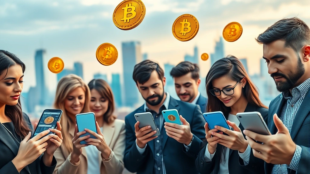 Diverse group of people holding smartphones viewing bitcoin trading apps, digital coins floating above screens, modern city skyline background, contemporary professional aesthetic