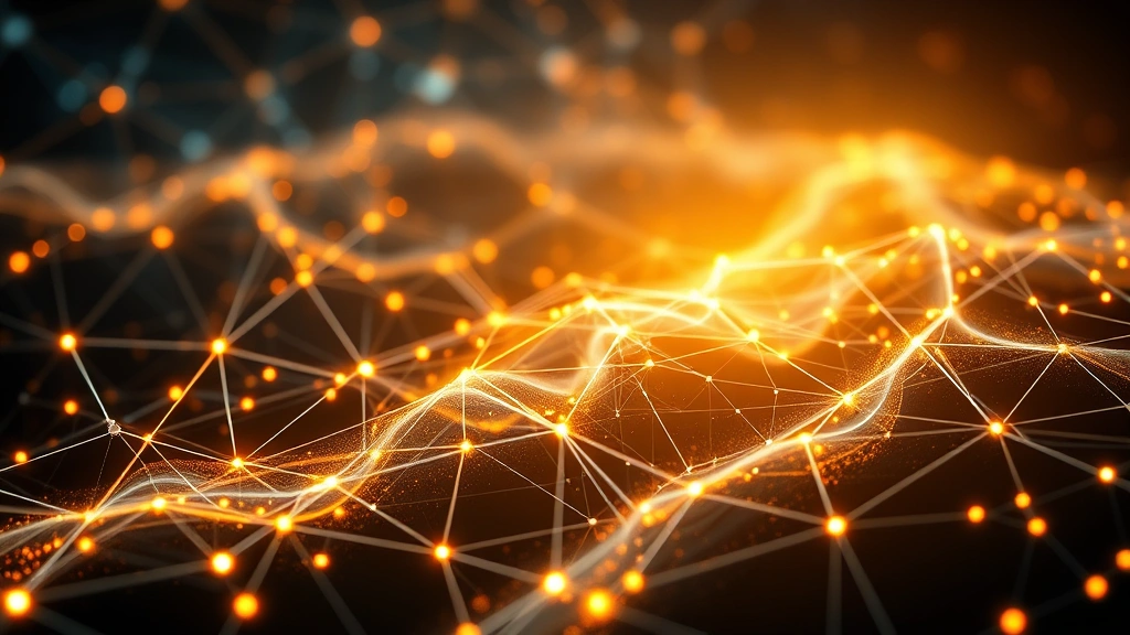 Abstract digital landscape with interconnected nodes representing bitcoin network, flowing light patterns showing transactions, futuristic technology visualization, no text or numbers visible