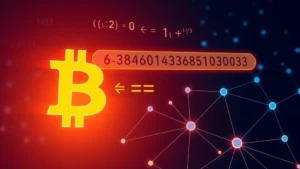 Digital illustration of a Bitcoin address being generated through cryptographic hashing, showing mathematical symbols and blockchain network nodes connected together, representing the transformation from private key to public address