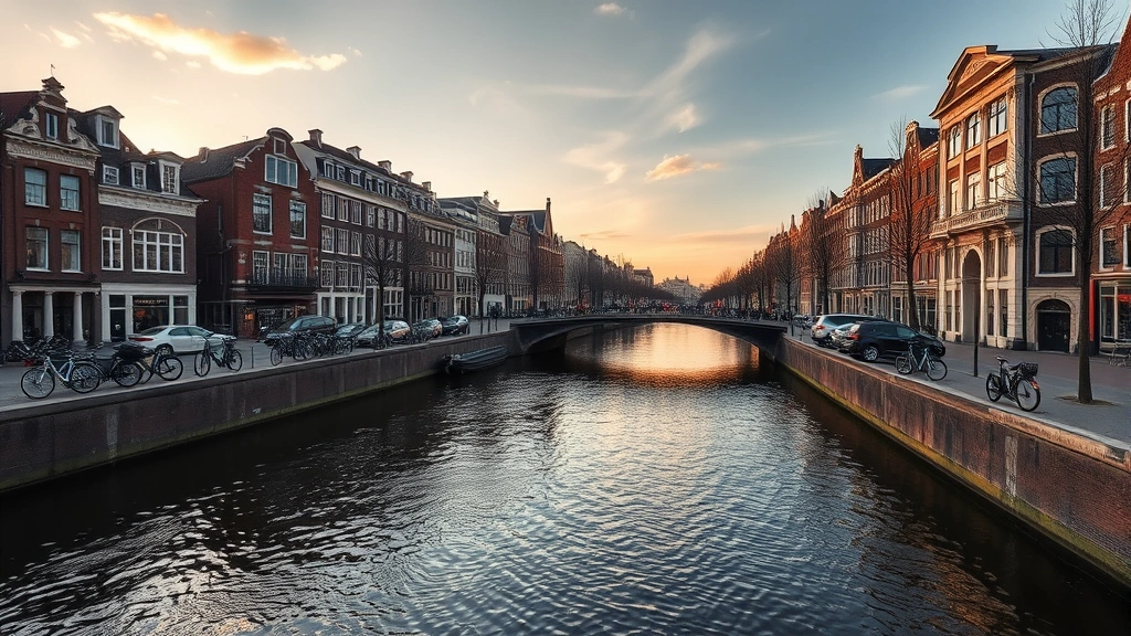 Amsterdam canal waterfront at sunset with modern buildings and bicycles parked along historic bridges, photorealistic landscape photography