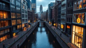 Photorealistic overhead view of Amsterdam canal district with modern tech buildings and cryptocurrency symbols integrated into urban architecture, golden Bitcoin logo visible on storefront signage, evening lighting, no text