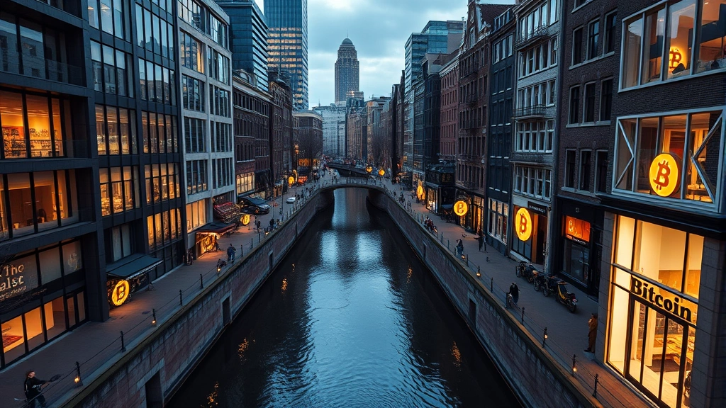 Photorealistic overhead view of Amsterdam canal district with modern tech buildings and cryptocurrency symbols integrated into urban architecture, golden Bitcoin logo visible on storefront signage, evening lighting, no text