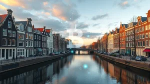 Modern Amsterdam canal houses with digital holographic Bitcoin symbols floating above the water, futuristic blockchain network visualization in the sky, professional financial district atmosphere, golden hour lighting, photorealistic