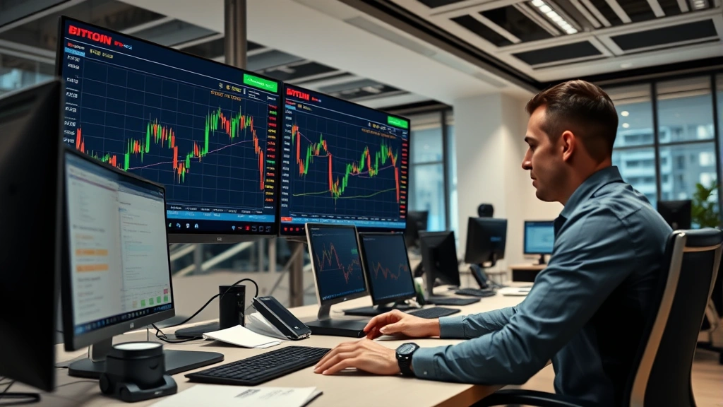 Cryptocurrency exchange trading terminal displaying Bitcoin price charts with professional traders working in a modern office environment, no text visible