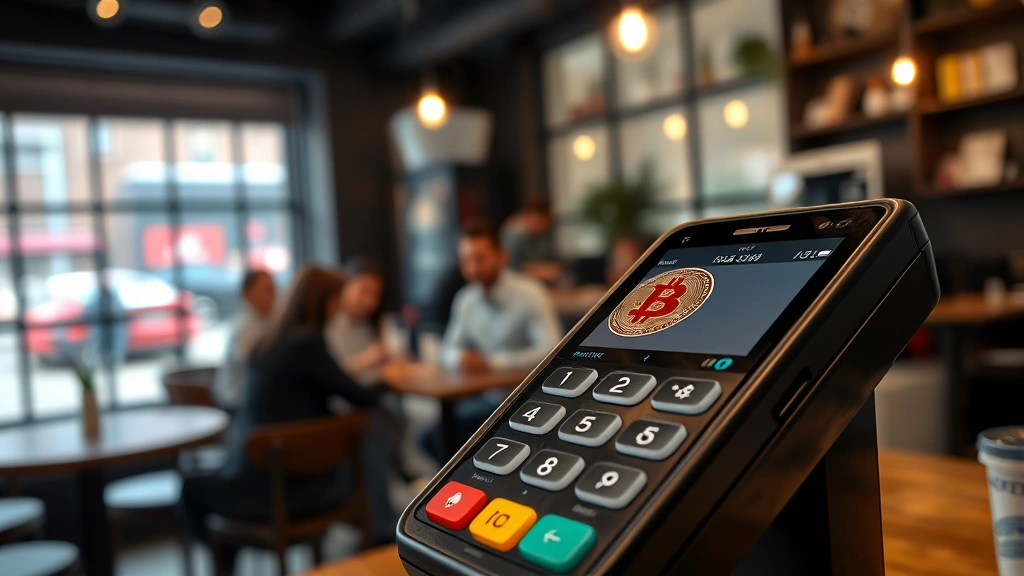 Close-up of Bitcoin payment terminal in modern Amsterdam cafe, professional setup with cryptocurrency symbols, customers in background, natural indoor lighting, realistic details, no visible text or numbers