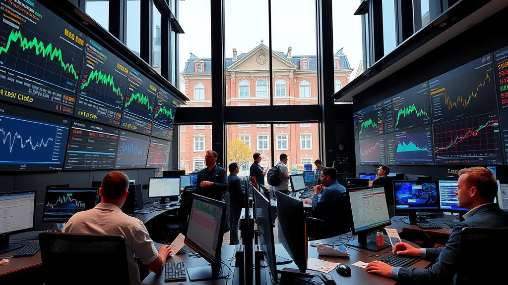 Cryptocurrency exchange trading floor in Amsterdam with multiple traders monitoring blockchain networks on large displays, professional financial environment, Dutch architecture visible through windows, modern office setting, bustling activity