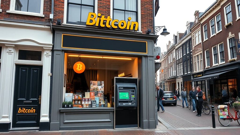 Bitcoin ATM machine integrated into a historic Amsterdam storefront with traditional Dutch architecture, street-level photography, no screen text