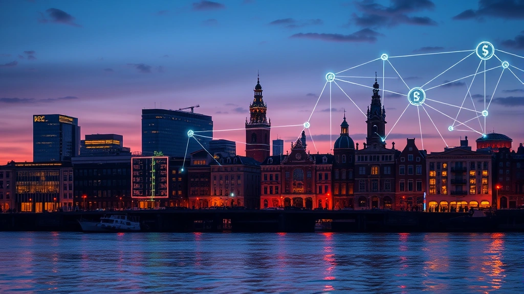 Amsterdam skyline at dusk with illuminated buildings and digital currency symbols integrated into the cityscape, blockchain nodes connected by light streams across the city, futuristic yet grounded in reality, vibrant colors, photorealistic rendering