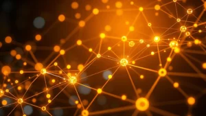 Photorealistic image of interconnected digital blockchain nodes with flowing golden light representing Bitcoin transactions and monetary flow across global networks, no text or labels