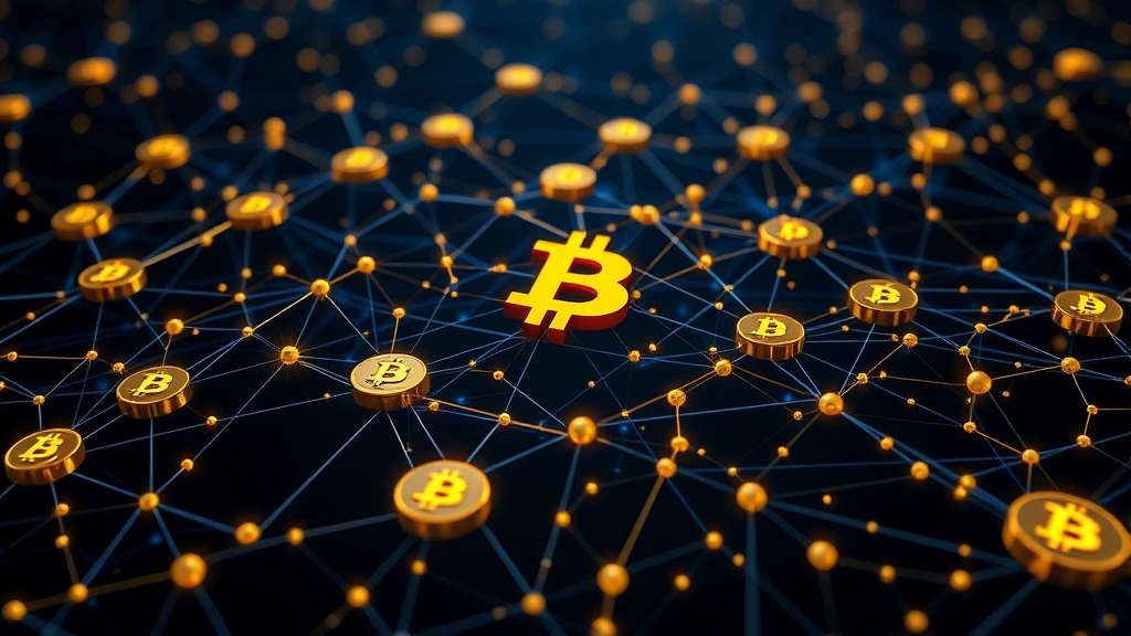 Digital representation of Bitcoin blockchain network with flowing data streams and nodes interconnected, symbolizing decentralized monetary system, photorealistic 3D rendering, dark blue and gold color scheme, no text or symbols