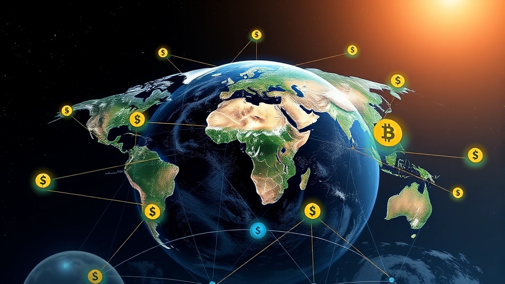 Photorealistic image of a global financial landscape with Earth in background, digital currency symbols floating around interconnected financial institutions, representing worldwide monetary systems and cryptocurrency integration, no text or charts visible