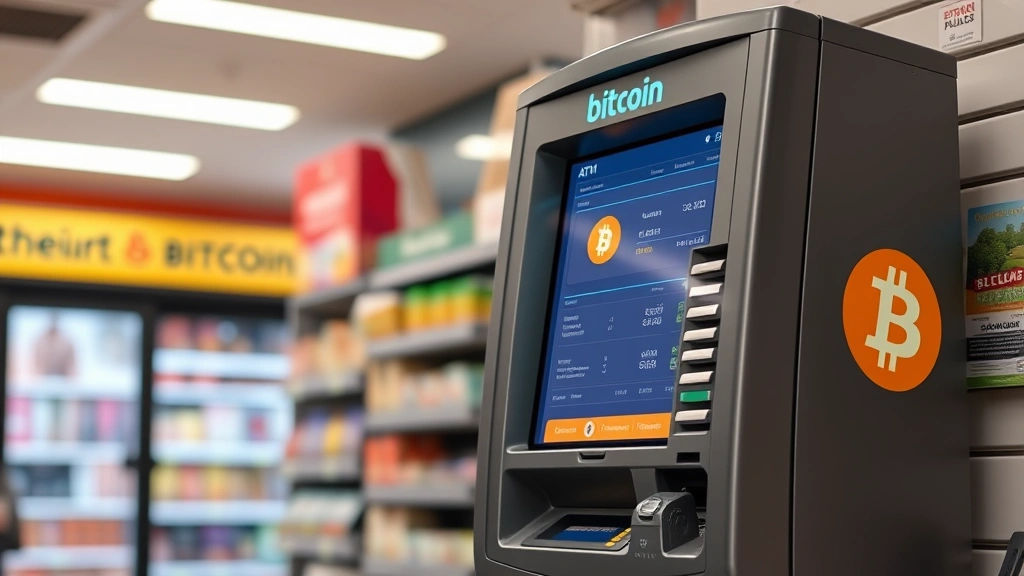 Modern Bitcoin ATM machine in a well-lit convenience store, displaying cryptocurrency interface screen with transaction details, photorealistic daytime setting with blurred background