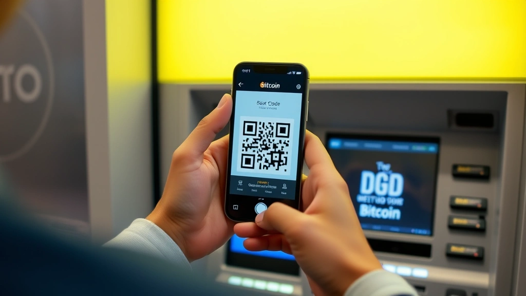 Person holding smartphone with Bitcoin wallet QR code ready to scan at a Bitcoin ATM kiosk, showing hands and device without revealing face, professional crypto transaction scene