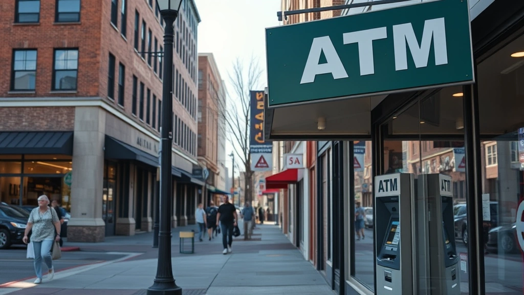 Denton Texas downtown commercial street with storefront featuring Bitcoin ATM sign, busy daytime location with natural lighting, street-level perspective showing urban crypto accessibility
