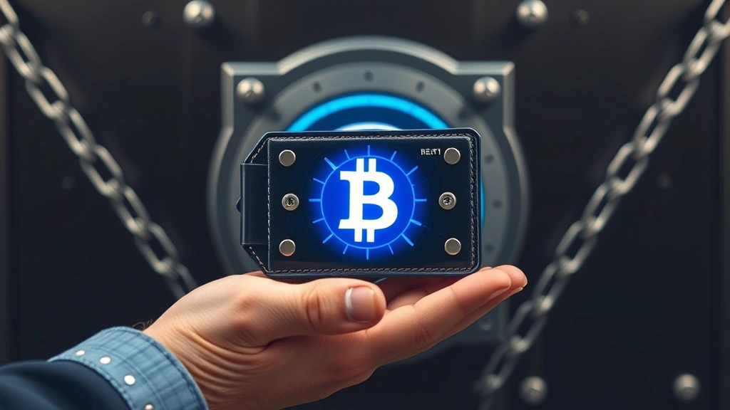 Person holding hardware wallet device with Bitcoin symbol glowing, secure vault imagery, blockchain chain links representing security, metallic and dark background, cybersecurity elements