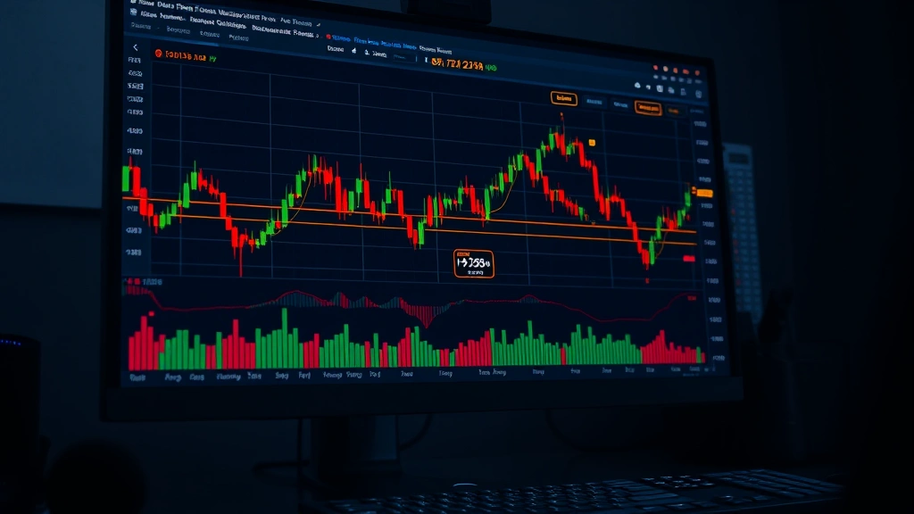 Photorealistic image of a computer monitor displaying cryptocurrency price charts with candlestick patterns and technical analysis indicators, Bitcoin price data visible, dark trading terminal interface, professional trading workspace setup