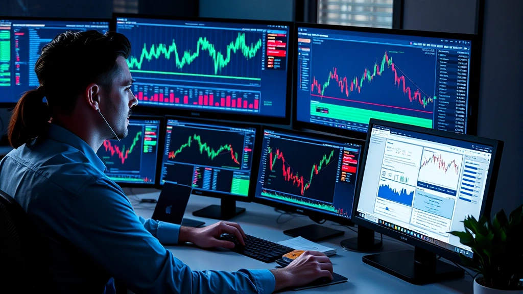 Professional photograph of a cryptocurrency analyst working at a desk with multiple monitors displaying blockchain data and market analytics, representing expert analysis and insights