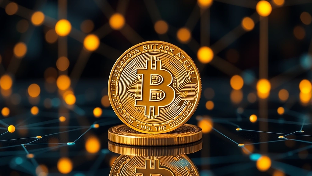 Detailed close-up image of a Bitcoin physical coin on a reflective surface with digital elements and network nodes glowing around it, depicting blockchain technology and digital assets