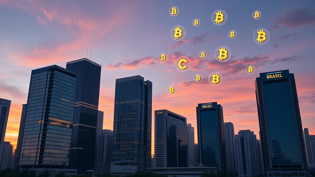 Photorealistic image of Brazilian financial district with modern skyscrapers and digital currency symbols floating above, representing cryptocurrency integration in Brazil's financial system, sunset lighting, no text