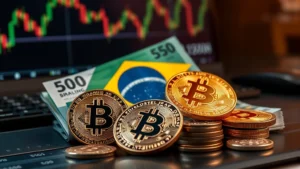 Photorealistic image of Brazilian currency notes and Bitcoin coins arranged together on a modern financial trading desk with soft professional lighting, no text or numbers visible