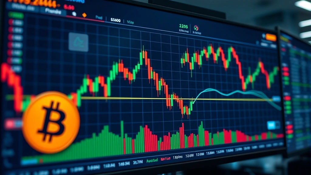 Photorealistic image of a modern cryptocurrency trading terminal displaying Bitcoin price charts and candlestick patterns, with a focus on Brazilian financial data visualization and digital currency symbols in a professional trading environment.