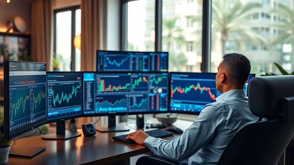 Photorealistic image of a Brazilian investor reviewing investment charts on multiple monitors in a contemporary home office setup, focusing on the person and workspace, no visible data or numbers on screens