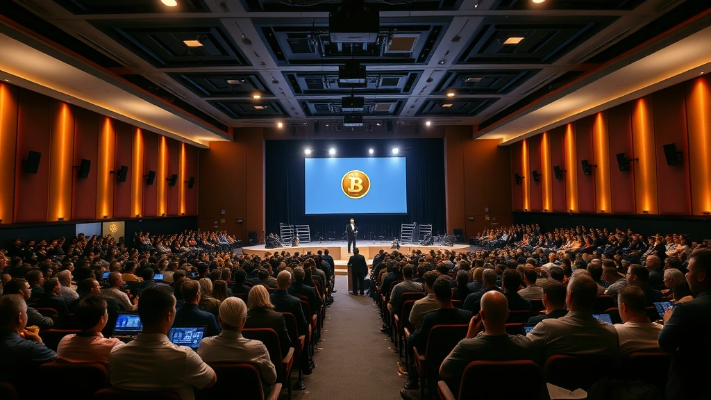 Large auditorium or theater with hundreds of attendees seated facing a stage with professional lighting and presentation setup, speaker at podium addressing audience, modern conference room technology visible, energetic professional atmosphere capturing scale of major cryptocurrency event