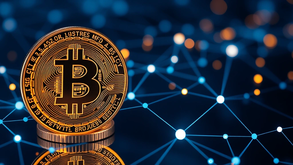 Bitcoin coins and digital blockchain visualization with glowing network connections, abstract but clear representation of cryptocurrency assets, modern minimalist design aesthetic