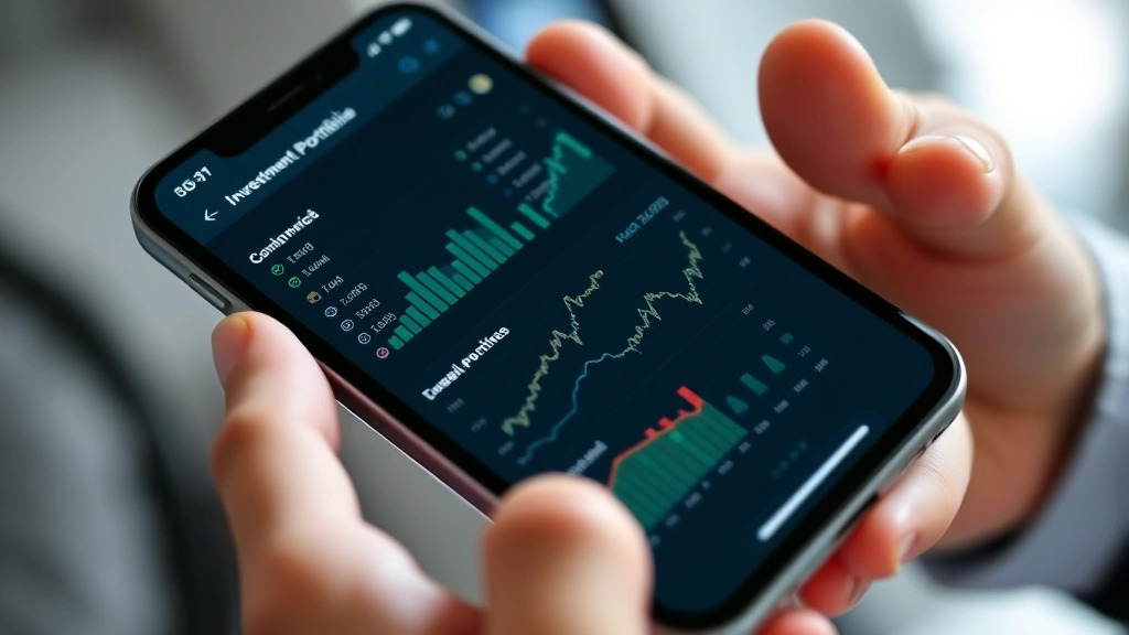 Close-up of hands holding a smartphone displaying an investment portfolio dashboard with growth charts and financial metrics, clean interface, professional environment
