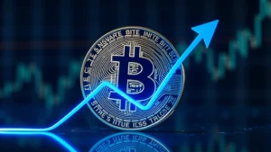 Photorealistic image of Bitcoin coin with upward trending arrow overlay, glowing blue light, cryptocurrency trading environment background, professional financial setting, no text or numbers visible