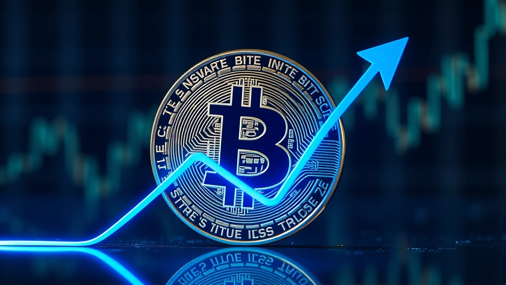 Photorealistic image of Bitcoin coin with upward trending arrow overlay, glowing blue light, cryptocurrency trading environment background, professional financial setting, no text or numbers visible
