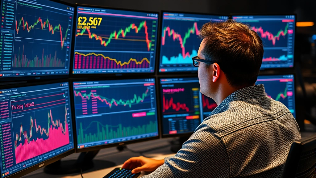 Photorealistic photograph of a person analyzing cryptocurrency market data on multiple monitors displaying live blockchain metrics and network activity, professional trading environment with modern setup