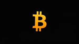 Minimalist Bitcoin symbol rendered in orange and white with geometric shapes and negative space, clean professional design, photorealistic digital art, dark background, high contrast